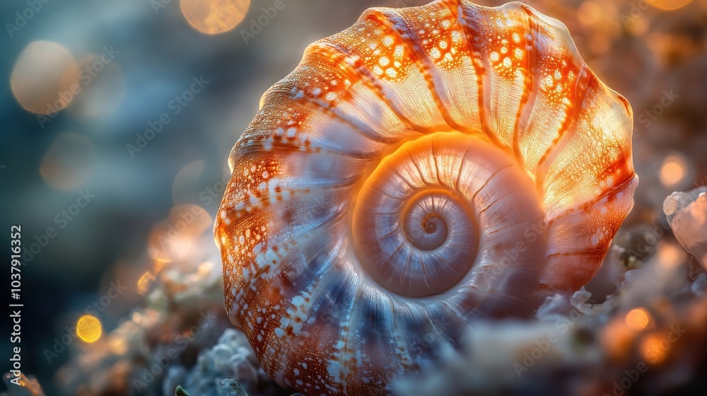 Poster A close-up view of a nautilus shell split open, showcasing its intricate spiral and smooth textures in warm ambient lighting