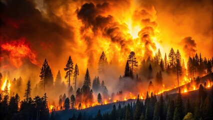 Raging forest fire flame leaping toward night sky, casting orange glow on smokefilled air
