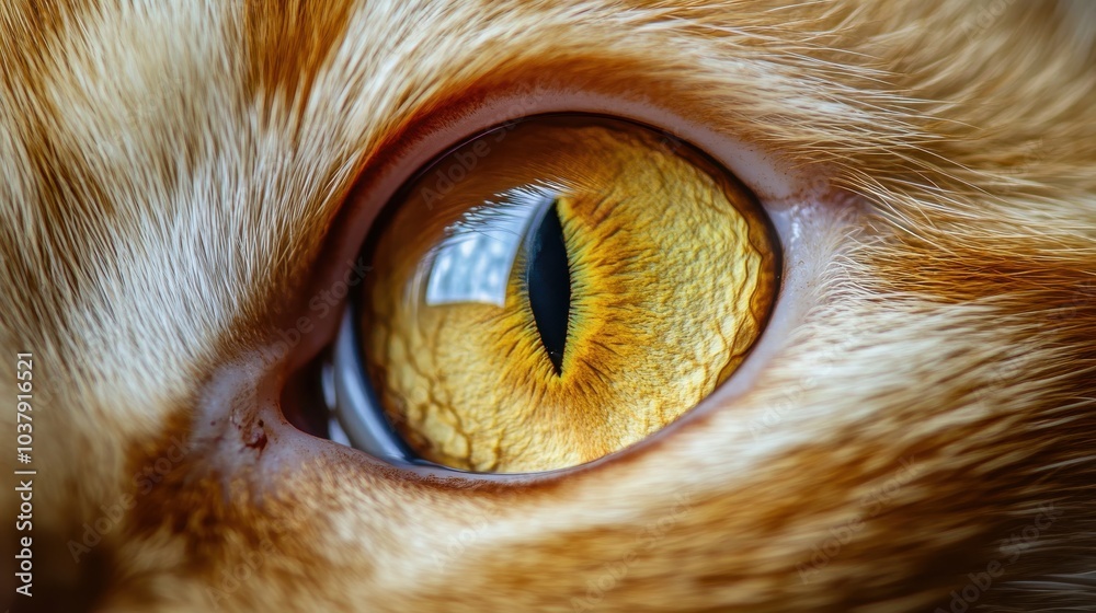 Poster Close-up view of a cat's eye revealing vibrant colors and reflections of divine proportion in sharp focus with a soft, blurred background