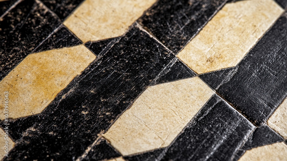 Poster Close-up of a chessboard pattern utilizing divine proportion for piece arrangement, highlighting geometric alignment and monochromatic colors