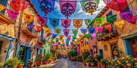 Fototapeta premium In a picturesque Mexican village, colorful papel picado fills the streets, creating a lively atmosphere for Day of