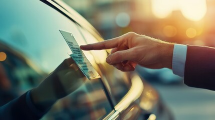 A car salesman's hand points at a detailed price tag on a sleek vehicle during sunset