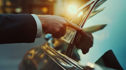 Close-up of a car salesperson's hand pointing at a detailed price tag on a sleek car during sunset