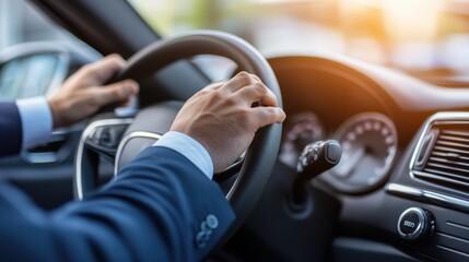 Naklejka premium Close-up of a car salesman's hand demonstrating features in a modern car interior during a sales presentation