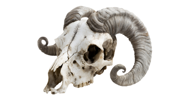 goat skull with curled horns on isolated background featuring detailed bone structure and intricate horn texture for anatomical reference and study
