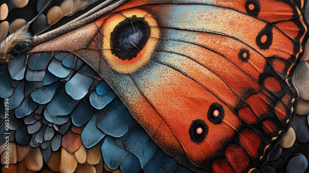 Poster close-up of a butterfly's vibrant wings showcasing intricate patterns and divine proportions in natu