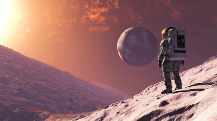 An astronaut stands on the surface of a newly discovered Earth double, gazing at its unique twin moon in a breathtaking view