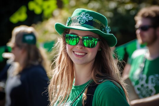 A lively St. Patrick's Day pub crawl, with participants dressed in green t-shirts and hats, walking through city streets decorated with banners.