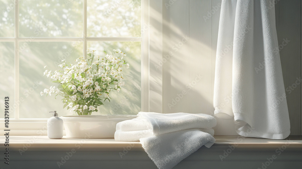 Poster serene bathroom scene featuring white towels and delicate flower arrangement by window, creating cal