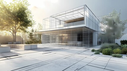 Obraz premium 3D render of building wireframe structure. London garden in summer with patio. Abstract construction graphic idea.