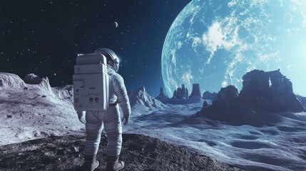 An astronaut explores ancient alien ruins on a distant moon beneath a luminous blue planet
