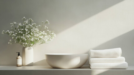 serene bathroom scene featuring minimalist design with white bowl, neatly stacked towels, and vase of fresh flowers. soft lighting creates calming atmosphere perfect for relaxation