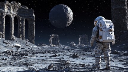 Obraz premium An astronaut explores ancient alien ruins on a distant moon under a starry sky and a visible planet in the background