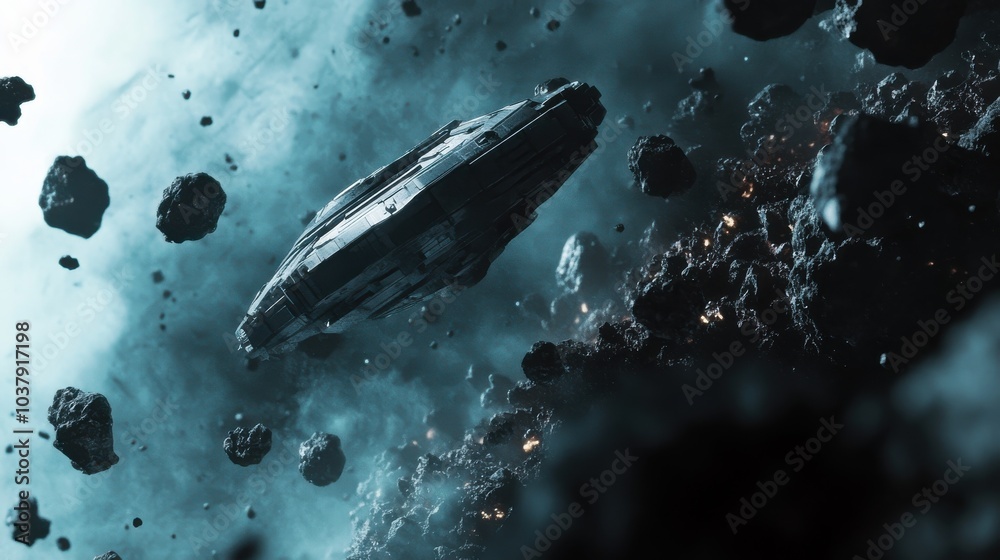 Poster A spaceship navigates through a dangerous asteroid field, skillfully avoiding debris in deep space during an exploratory mission