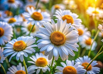 Obraz premium In a serene garden, charming chamomile flowers bloom elegantly, captured in breathtaking macro photography that reveals