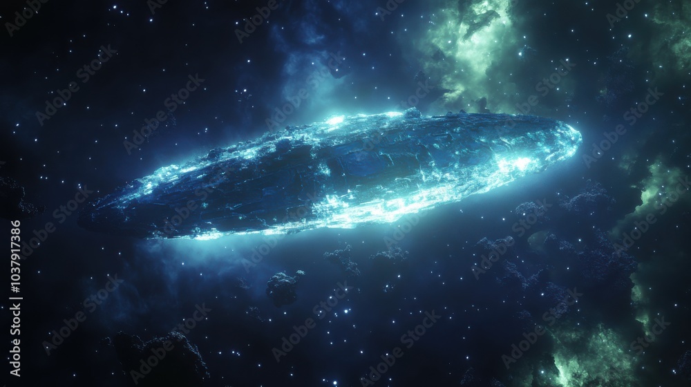 Poster a mysterious glowing object drifts silently through the vastness of deep space, emitting strange and