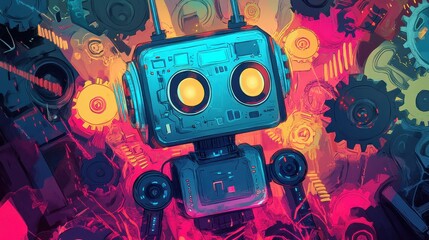 A whimsical hand-drawn illustration of a friendly AI robot prototype surrounded by colorful gears and circuits