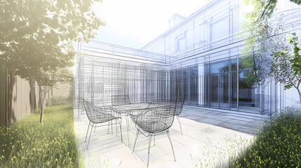 3D render of building wireframe structure. London garden in summer with patio. Abstract construction graphic idea.