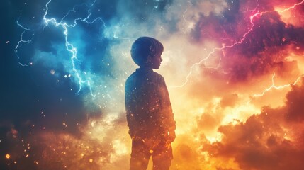 Obraz premium A child's magical ability to control weather blends with dramatic clouds, lightning, and vibrant rainbows in a stunning double exposure