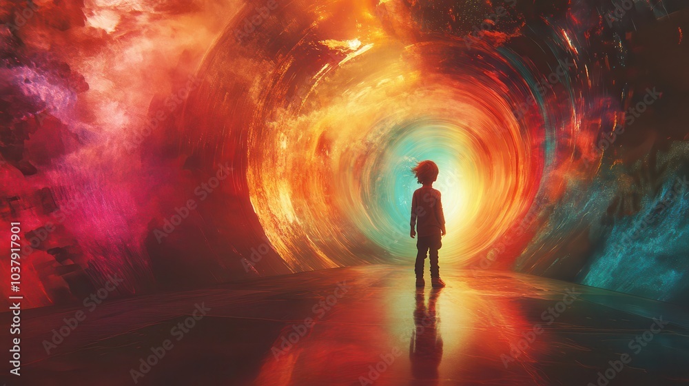 Poster a child stands in vibrant colors, surrounded by swirling portals, inviting a journey into magical re