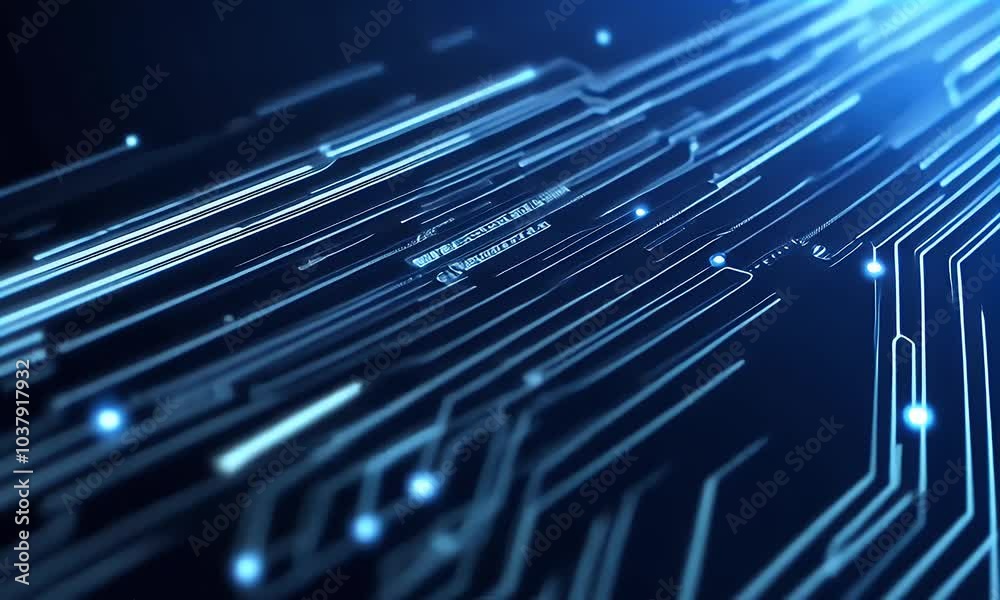 Sticker blue technology background with circuit board lines and glowing dots on dark blue background vector 