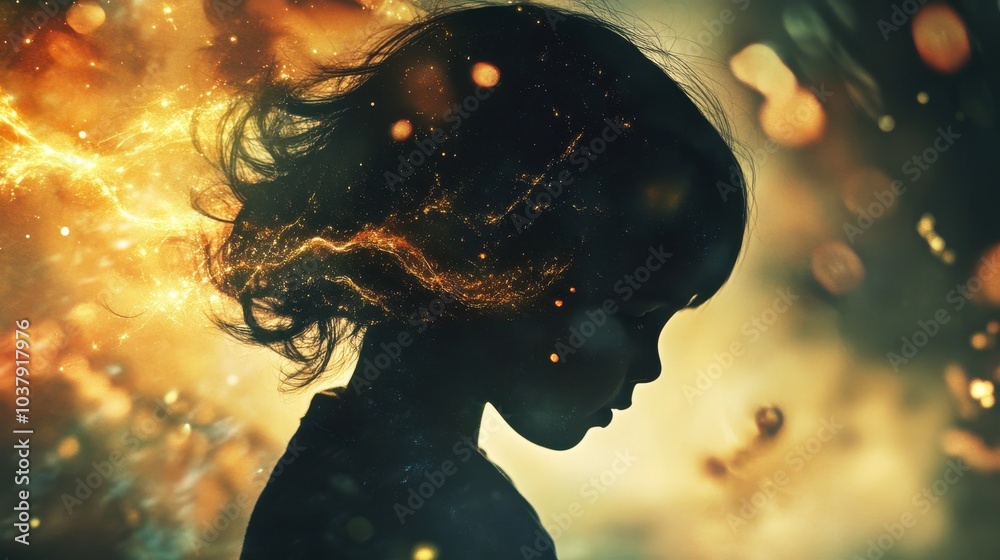 Poster A child with telekinetic powers surrounded by floating objects and sparkling energy evokes wonder in a double exposure composition