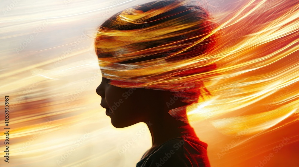 Poster A child in motion embodies super speed with dynamic light streaks, blending movement and energy in a mesmerizing double exposure