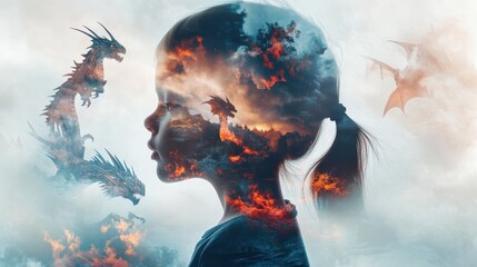 Naklejka premium A child's vivid imagination brings mythical creatures to life through double exposure, capturing fantasy and wonder in a dreamlike setting