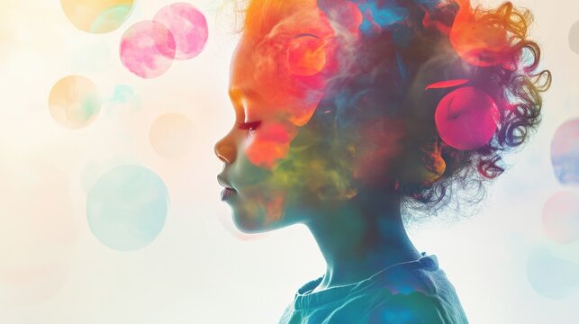 A child's mind comes alive with swirling thoughts and colorful speech bubbles in a creative double exposure artwork