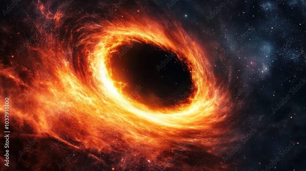 Poster a detailed view of a black hole's event horizon with light distortion and cosmic phenomena captured 
