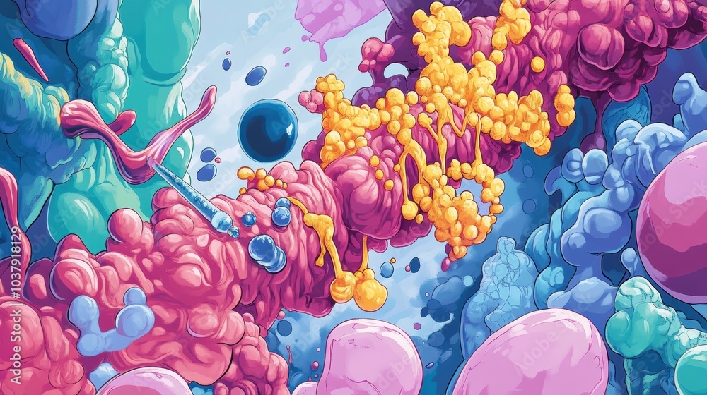 Poster a colorful cartoon representation of a protein interacting with an enzyme in a vibrant laboratory en