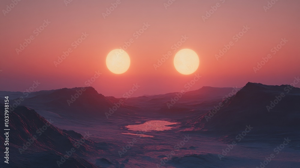 Poster A stunning view of a binary star system setting over a desert planet's horizon with vibrant colors illuminating the landscape