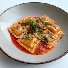delicious traditional italian plate of ravioli with red sauce