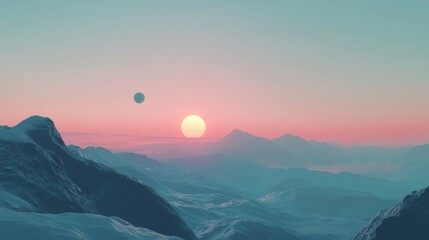Stunning sunrise illuminates the majestic mountains of an alien world with a moon rising in the distance
