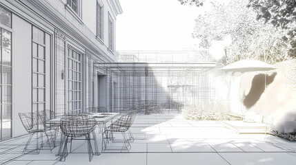 3D render of building wireframe structure. London garden in summer with patio. Abstract construction graphic idea.