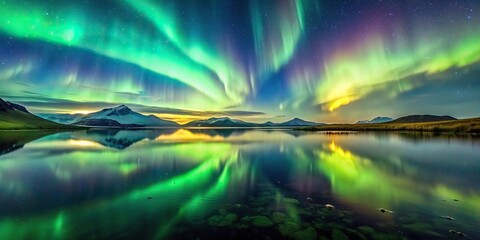 Scenic image of northern lights reflecting on serene lake