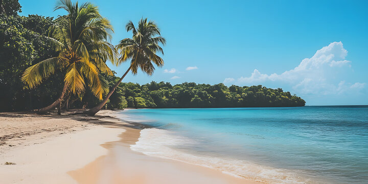 Praia tropical com palmeiras e &aacute;gua azul clara