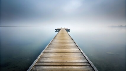 Obraz premium Serene wooden piers extending into misty waters reflecting the sky