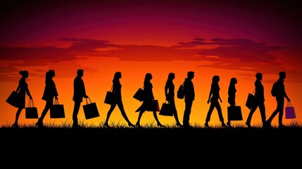 Silhouettes of Shoppers Walking at Sunset with Shopping Bags