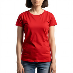 Obraz premium A young Caucasian woman stands confidently in a red t-shirt, exuding simplicity and style against a light background.