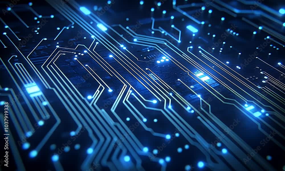 Sticker blue technology background with circuit board lines and glowing dots on dark blue background vector 
