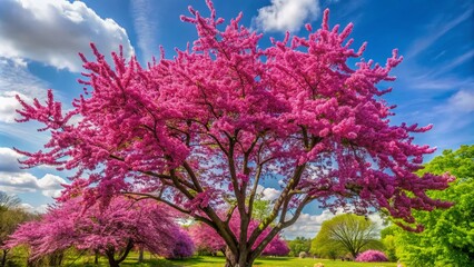 In full bloom, the Cercis Siliquastrum tree displays bright pink flowers, beautifully set against a vibrant spring sky,