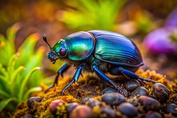 Naklejka premium In its natural habitat, the Geotrupes stercorarius, or Earthboring Dung Beetle, coexists with lush vegetation and