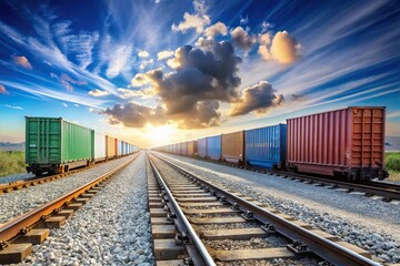 Fototapeta premium Silhouette of container trains on railway track against sky blue background with clouds