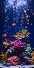 Recife de coral vibrante com peixes ex&oacute;ticos e plantas marinhas