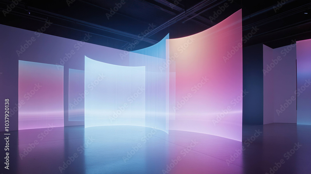 Poster stunning display of multi color holographic light creates immersive atmosphere in modern art space. 