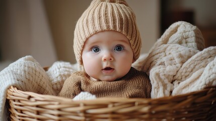 Cute Baby Boy Sitting in Wicker Basket with Blankets
