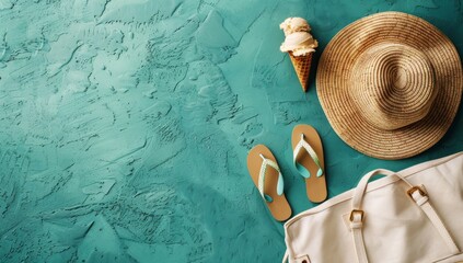Summer flat lay banner with beach accessories sunglasses sun hat beach shoes sandalsice cream white bag top view on mint background copy space Summer vacation concept aesthetic minimal 