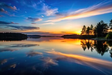 Silhouette evening lake landscape