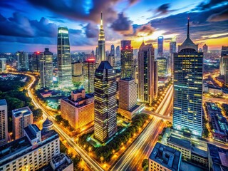 Fototapeta premium In the heart of the metropolis, vibrant urban streets come alive with towering skyscrapers, dazzling night lights, and